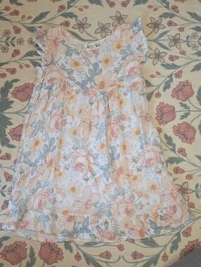 Girls' Floral Flutter-Sleeve Dress - White with Pink & Yellow Flowers